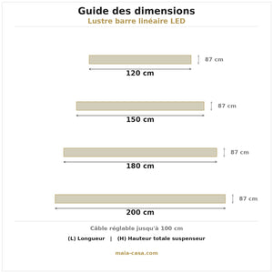 Guide des tailles lustre barre linéaire LED — dimensions en cm