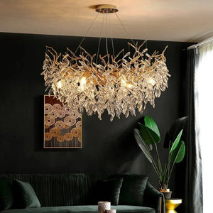 Lustre cristal LED rond vu de face finition dorée détail structure aluminium