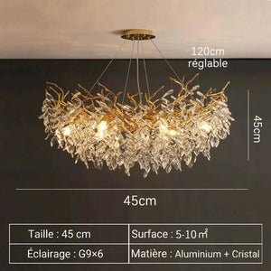 Schéma dimensions lustre cristal rond 45 cm diamètre hauteur câble réglable