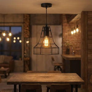 Suspension industrielle cage cône en métal noir avec ampoule Edison