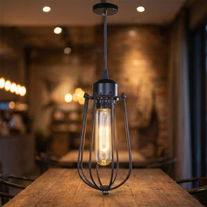Suspension industrielle cage cylindre en métal noir avec ampoule Edison