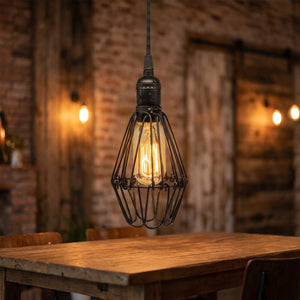Suspension industrielle cage goutte en métal noir avec ampoule Edison