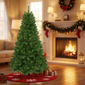 Sapin de Noël artificiel vert avec branches articulées en PVC sur support métallique dans salon décoré