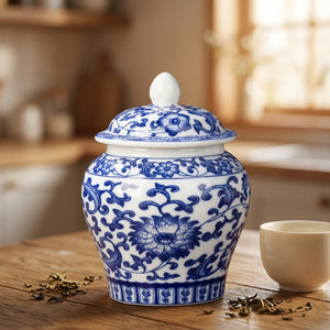 Pot à thé en porcelaine bleue et blanche avec motifs floraux chinois posé sur bois