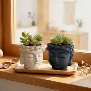 Pot de fleurs tête de Bouddha gris et beige avec succulentes sur plateau en bois