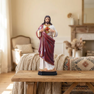 Statue du Sacré-Cœur de Jésus en résine peinte sur console bois intérieur français