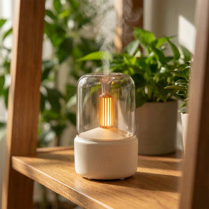 Mini diffuseur d'arômes USB beige avec veilleuse effet flamme sur étagère en bois avec plantes