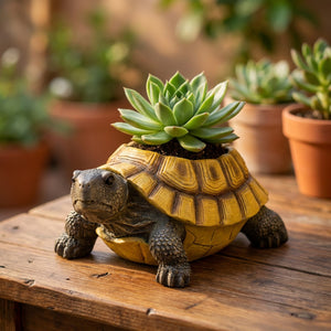 Jardinière tortue en résine réaliste avec succulent dans la carapace posée sur terrasse en bois