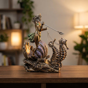 Statue de Poséidon en résine bronze sur son char marin tiré par deux hippocampes avec trident