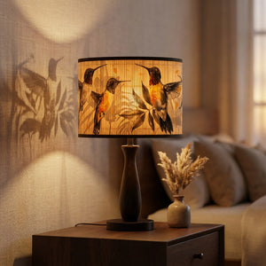 Abat-jour tambour bambou motif oiseaux vintage sur lampe de table allumée