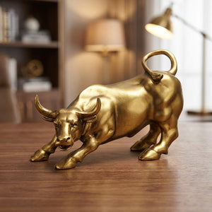 Statue taureau de Wall Street dorée en résine posée sur un bureau en bois