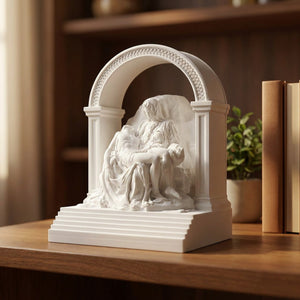 Statue de La Pietà en résine blanche posée sur une console en bois près de livres