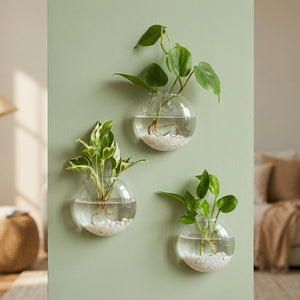 Vase mural en verre transparent suspendu avec plantes vertes et racines dans l'eau