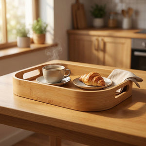 Plateau de service rectangulaire en bambou naturel garni d un café et d un croissant sur une table en bois