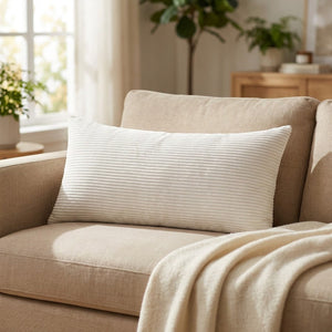 Traversin rectangulaire blanc en velours côtelé rayé posé sur un fauteuil en lin beige