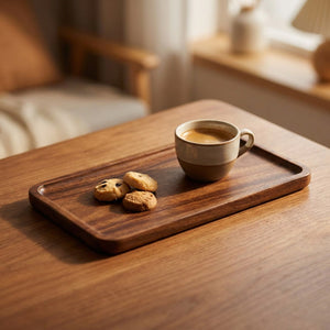 Plateau de service en bois de noyer foncé avec une tasse de café et des biscuits