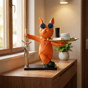 Statue bouledogue majordome orange résine porte-clés plateau doré décoration entrée