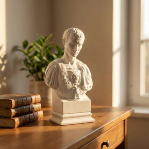 Buste de Jules César en plâtre blanc posé sur une console en bois dans un intérieur chaleureux