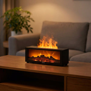 Diffuseur d'huiles essentielles à effet flamme de cheminée posé sur une table en bois dans un salon chaleureux