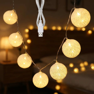 Guirlande lumineuse boules coton LED USB décoration intérieure