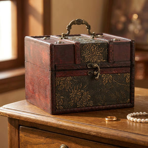 Boîte à bijoux ancienne en bois avec motif vigne doré et poignée en bronze posée sur une commode
