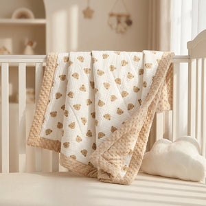 Couette bébé motif ours beige posée sur un lit d'enfant douillet