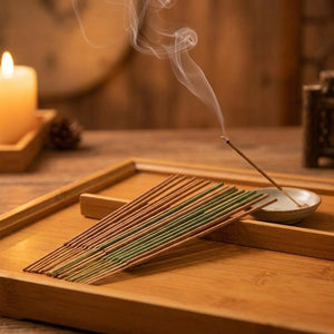 Bâtons d'encens naturels artisanaux sur plateau en bois ambiance zen