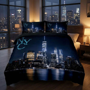Parure de lit skyline new-yorkais installée sur un lit dans une chambre urbaine et chaleureuse