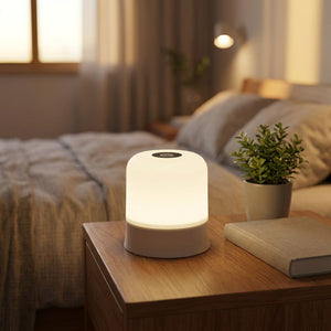 Lampe de chevet tactile allumée en blanc chaud sur une table de nuit