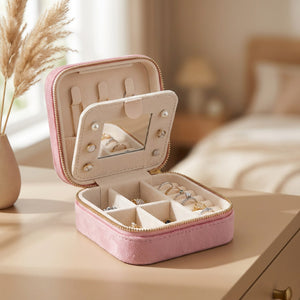 Boîte à bijoux de voyage en velours rose ouverte avec miroir et compartiments posée sur une coiffeuse