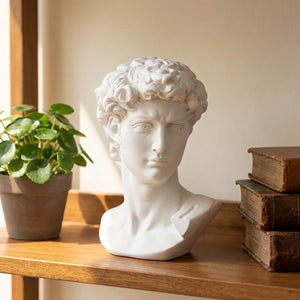 Buste décoratif en résine blanche style antique posé sur une étagère en bois avec plante et livres