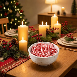 Bol de mini cannes à sucre décoratives sur une table de Noël avec bougies