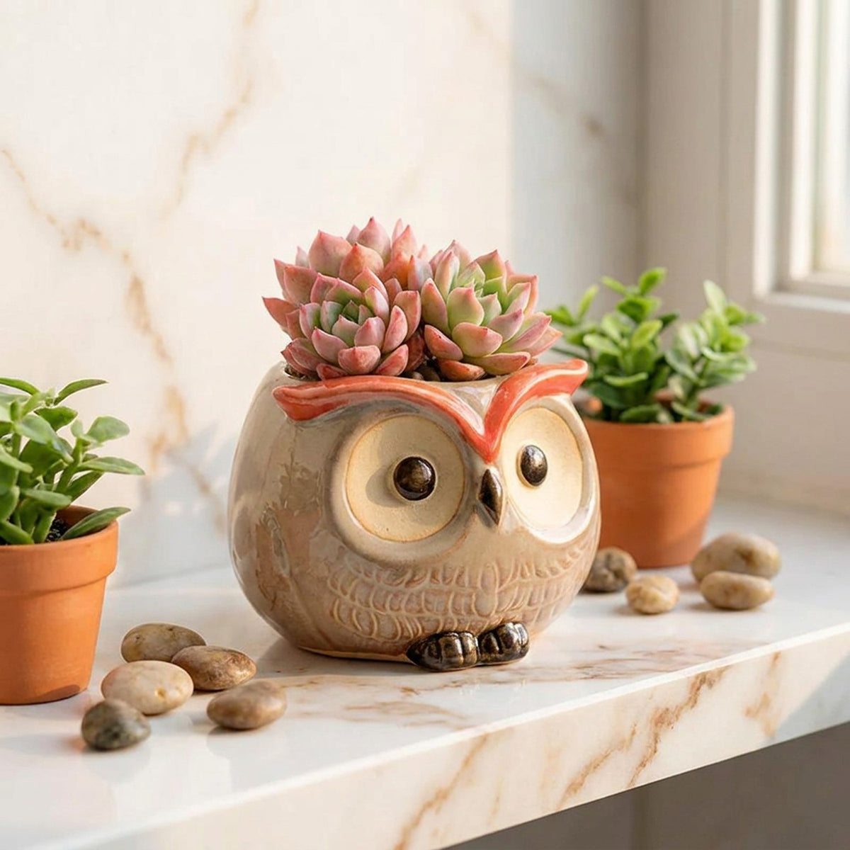 Mini pot hibou en céramique avec succulente sur rebord de fenêtre en marbre