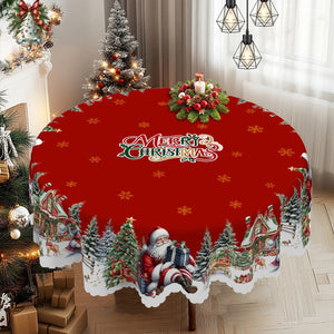 Nappe de Noël ronde rouge avec médaillon Merry Christmas et bord festonné sur table ronde