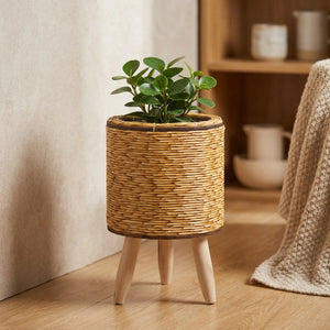 Cache-pot cylindrique en rotin naturel clair sur pieds en bois avec plante verte