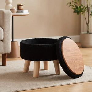 Repose-pieds coffre en velours bouclé noir avec dessus en bois