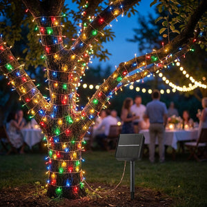 Guirlande lumineuse solaire multicolore enroulée autour d'un arbre lors d'une fête