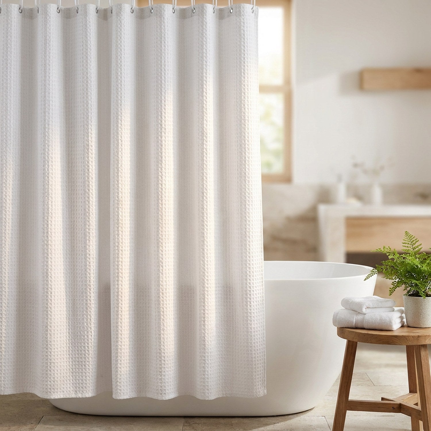 Rideau de douche jacquard dans une salle de bain spa avec baignoire îlot