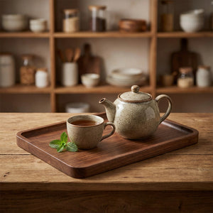 Plateau en bois foncé avec une théière en grès et une tasse de thé sur un plan de travail de cuisine