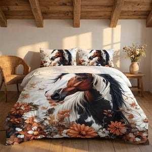 Parure de lit cheval dans une chambre chaleureuse au style rustique avec fleurs séchées