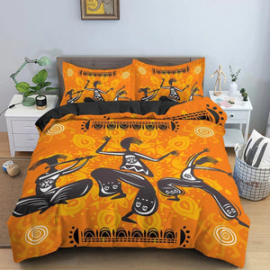 Parure de lit africaine motif danseuses vue complète sur un lit