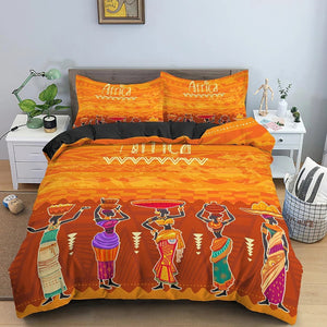 Parure de lit africaine motif village avec femmes portant des paniers
