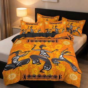 Parure de lit style africain dans une chambre moderne avec lampe de chevet allumée