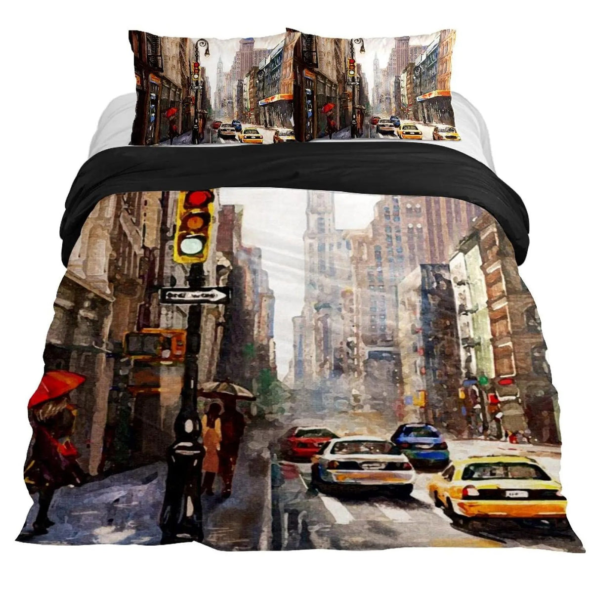 Parure de lit New York motif aquarelle rue sous la pluie sur un lit