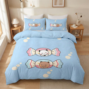 Parure de lit ours et panda modèle bonbon sur fond bleu