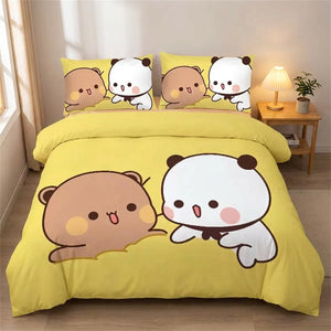 Parure de lit ours et panda modèle câlin sur fond jaune