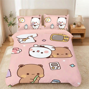Parure de lit ours et panda modèle goûter sur fond rose