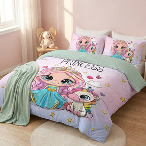 Parure de lit princesse et licorne dans une chambre d'enfant avec peluche lapin
