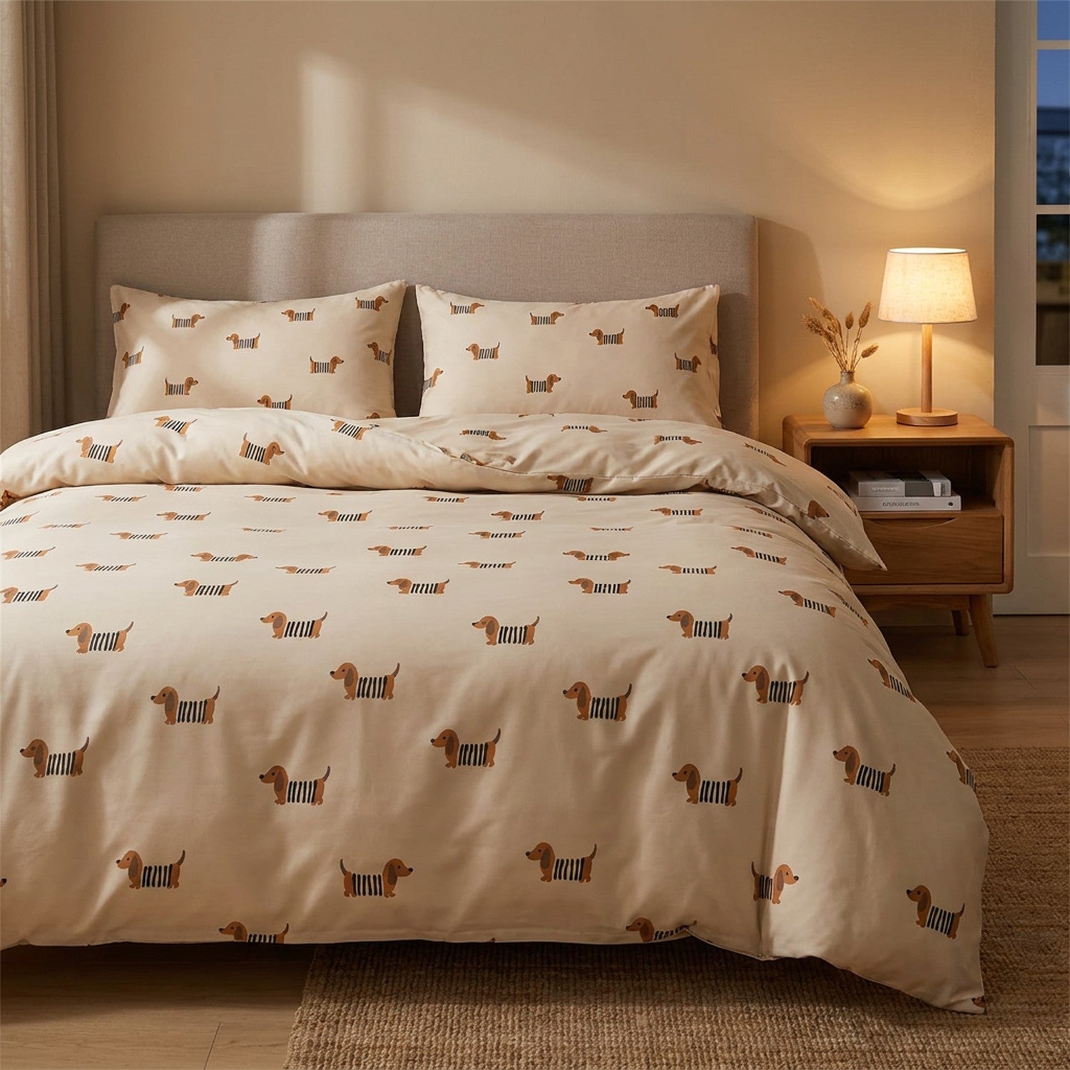 Parure de lit motif teckel sur un lit dans une chambre moderne avec lampe de chevet chaude