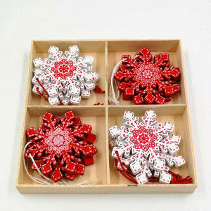 Coffret bois 12 pendentifs flocon de neige en bois rouge et blanc motifs mandala